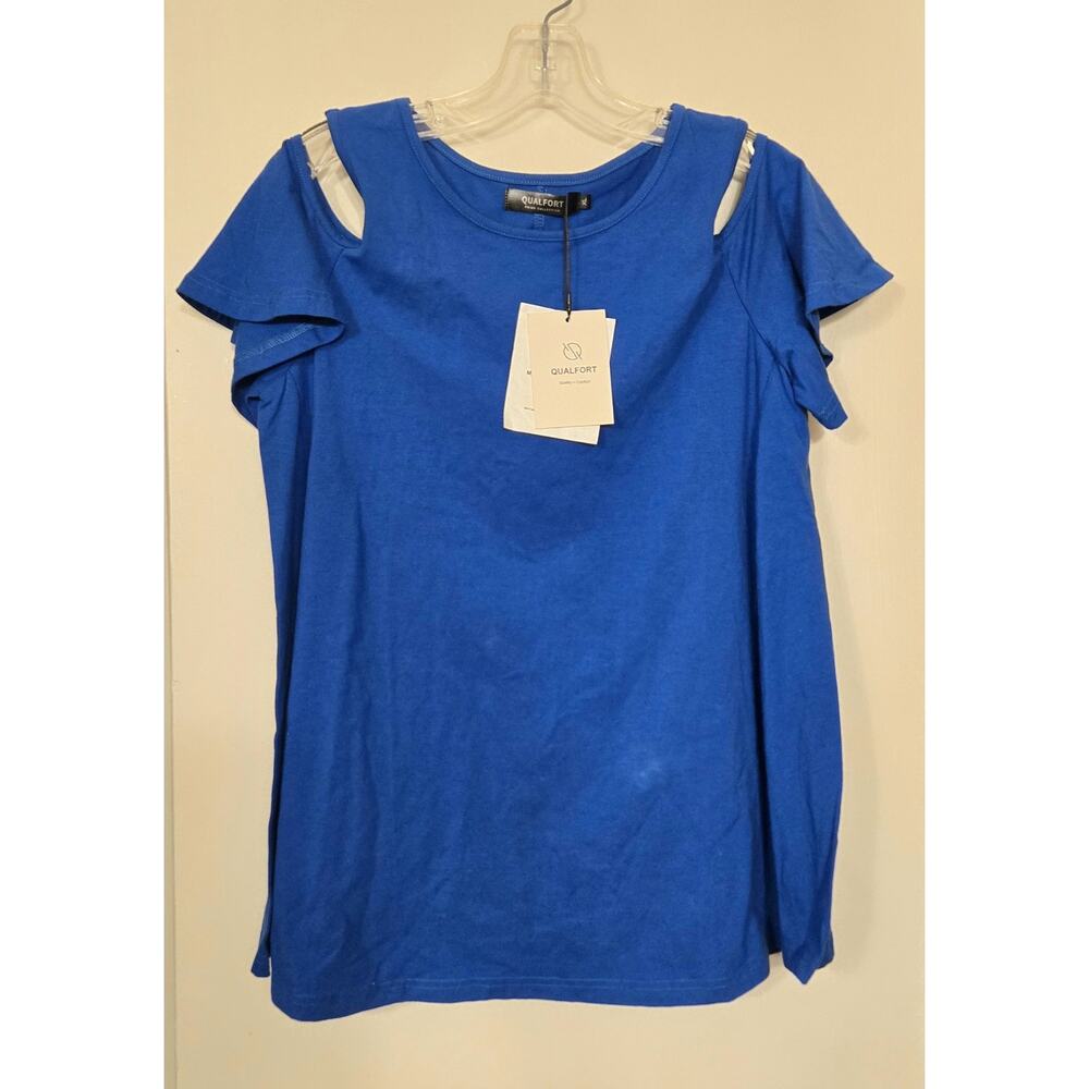 NWT Qualfort Blue Cold Shoulder Short Sleeve Top Blouse - Women's Size XL - New